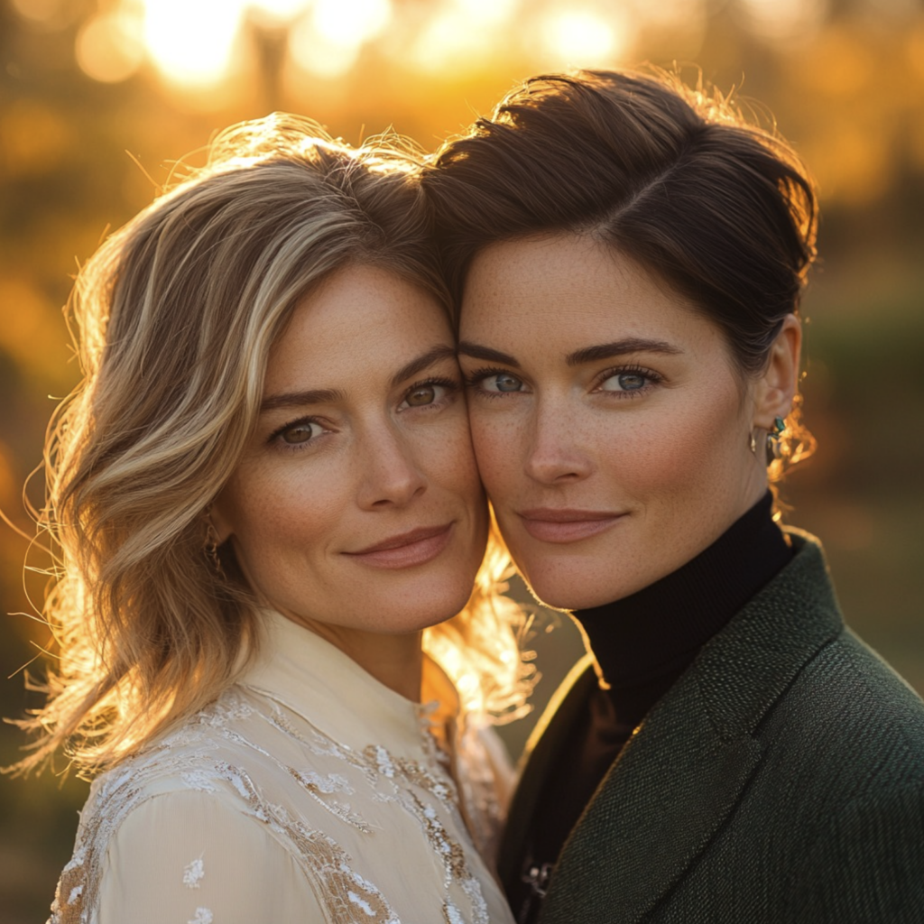 Close-up of two women in a romantic golden-hour setting, one in a green blazer and the other in a white blouse.